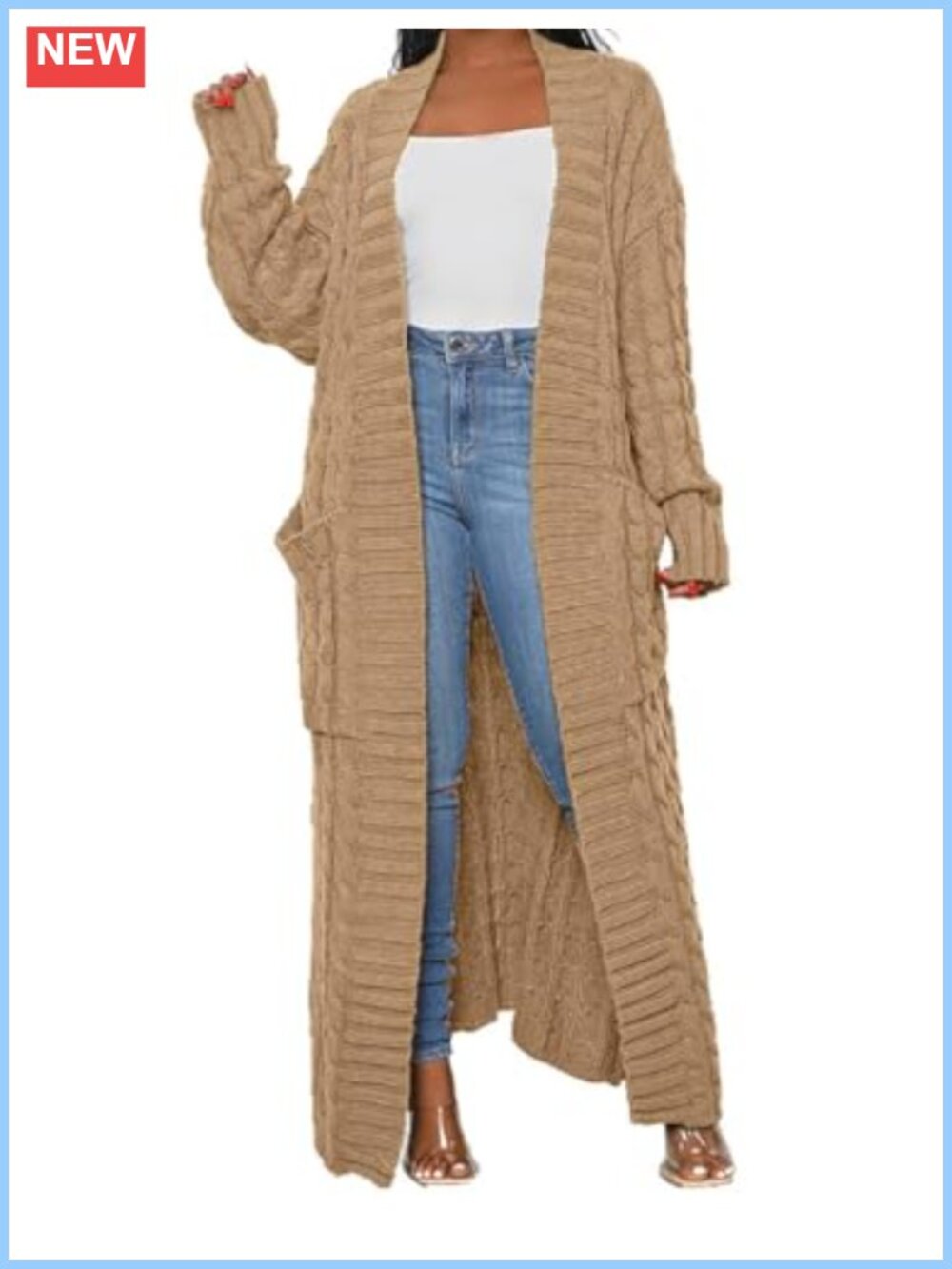 Womens Cable Knit Long Maxi Cardigan Sweater with Pockets Open Front